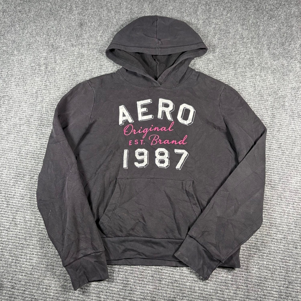 Aeropostale Hoodie Womens XXL Black Excellent Graphic Pullover Pocket